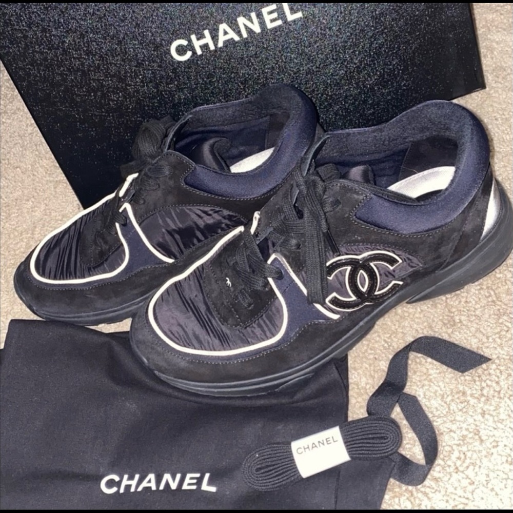 Chanel calfskin suede reflective black sneakers